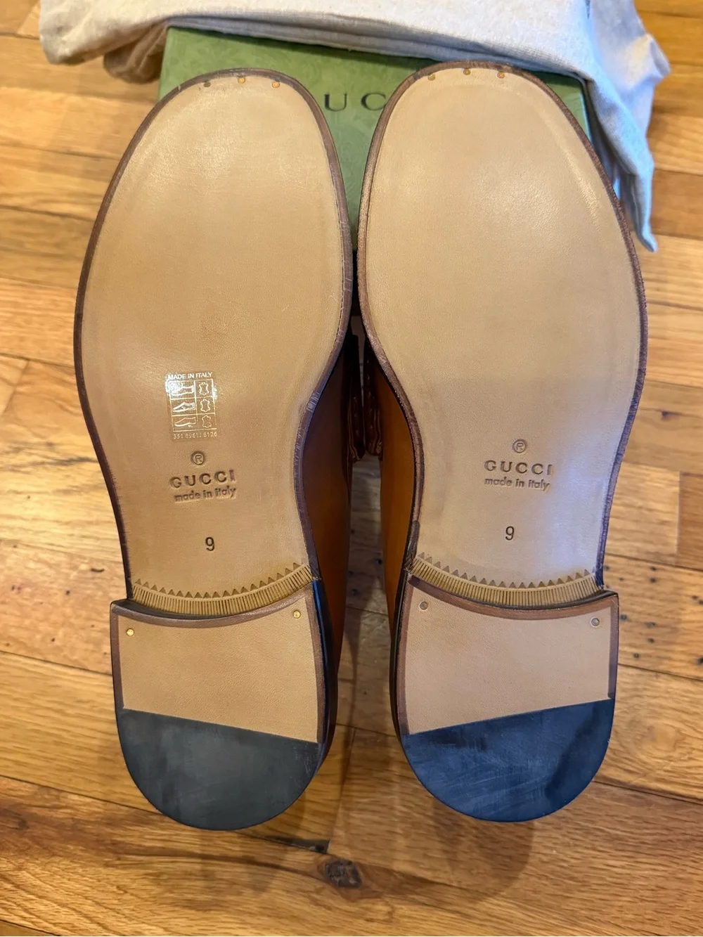 New Men’s Gucci Tan Leather Horsebit Loafers with Embossed GG